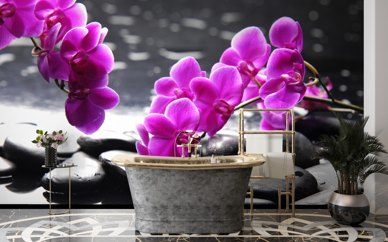Fototapet orhidee cu o nuanță de liliac, fixată pe pietre negre mate