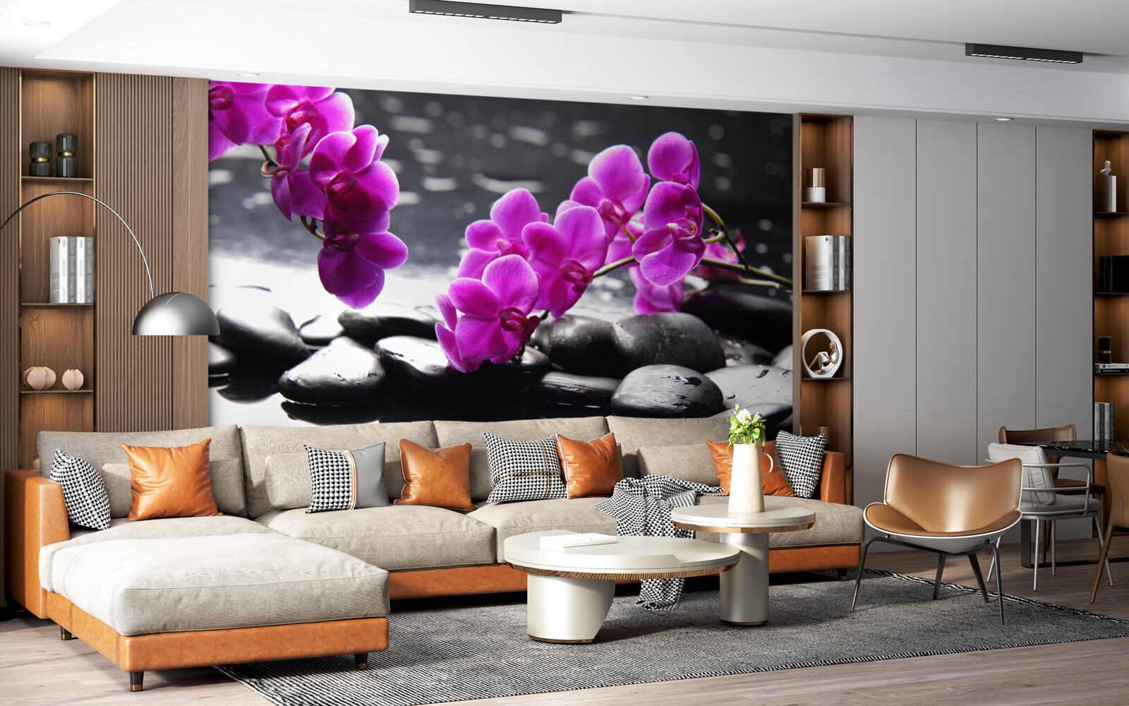 Fototapet orhidee cu o nuanță de liliac, fixată pe pietre negre mate