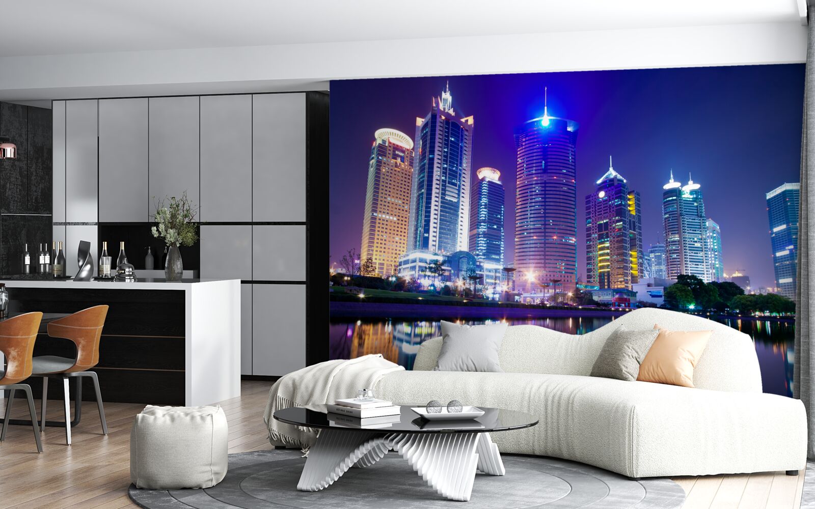 Fototapet reflecții ale zgârie-norilor noaptea