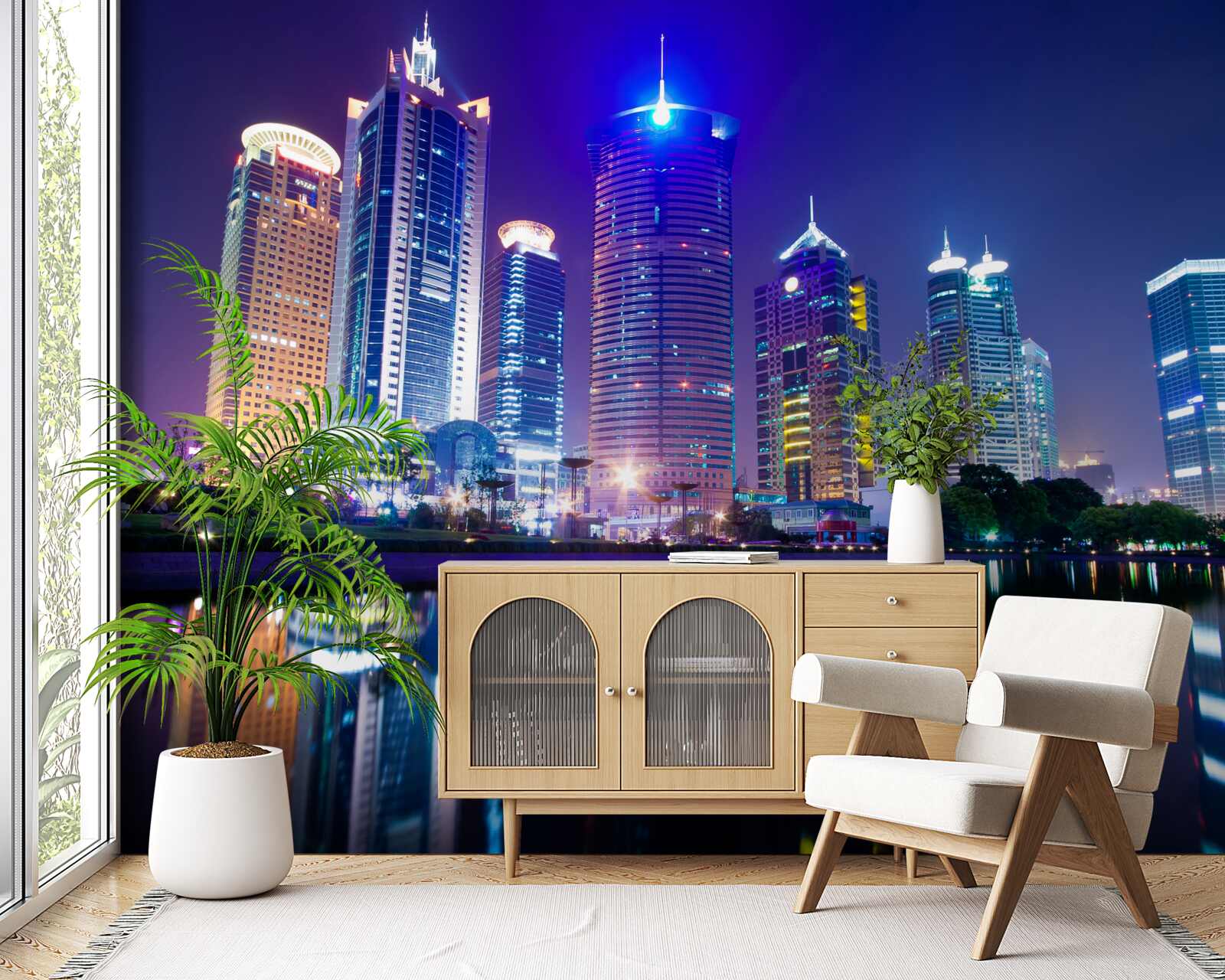 Fototapet reflecții ale zgârie-norilor noaptea