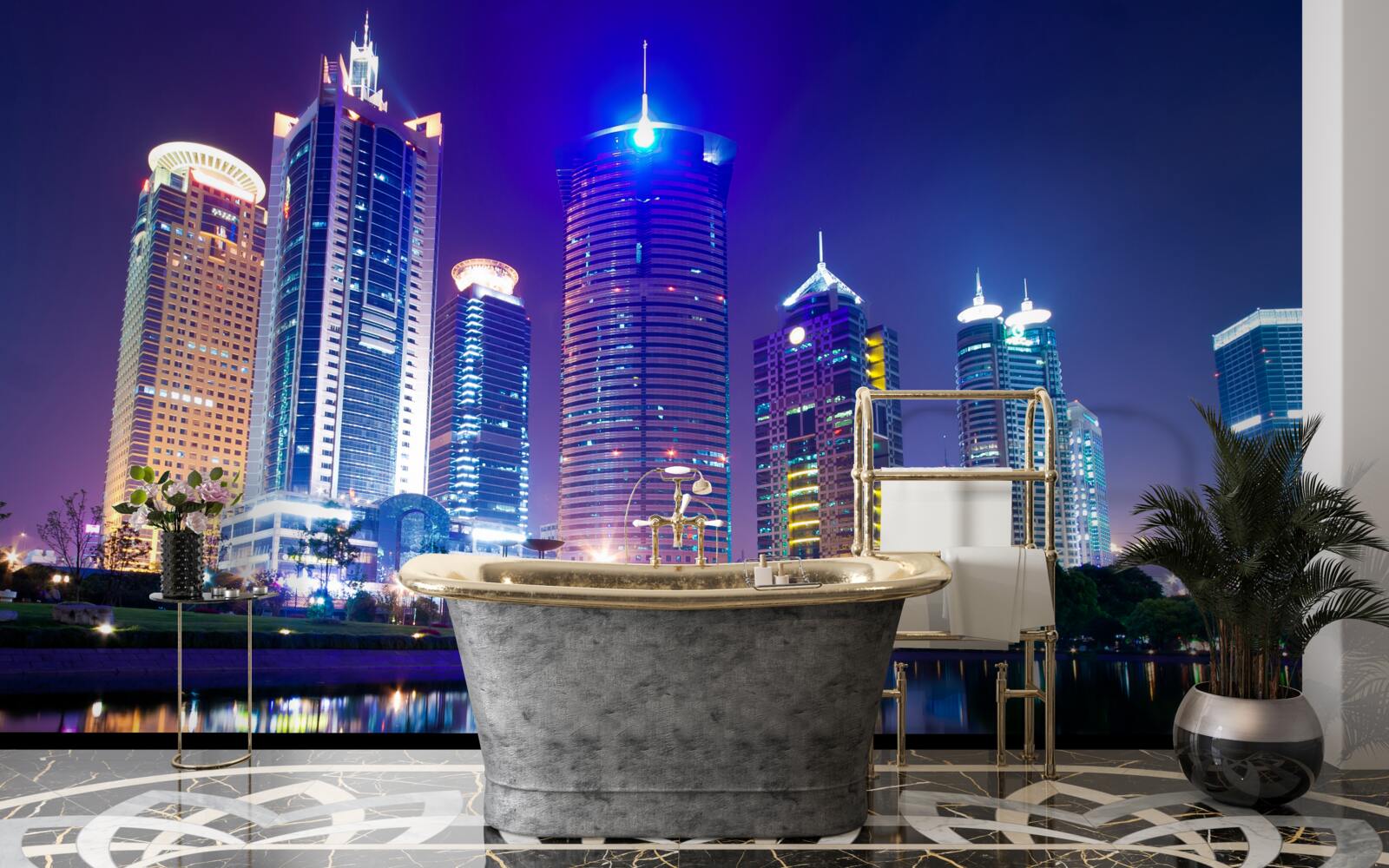 Fototapet reflecții ale zgârie-norilor noaptea