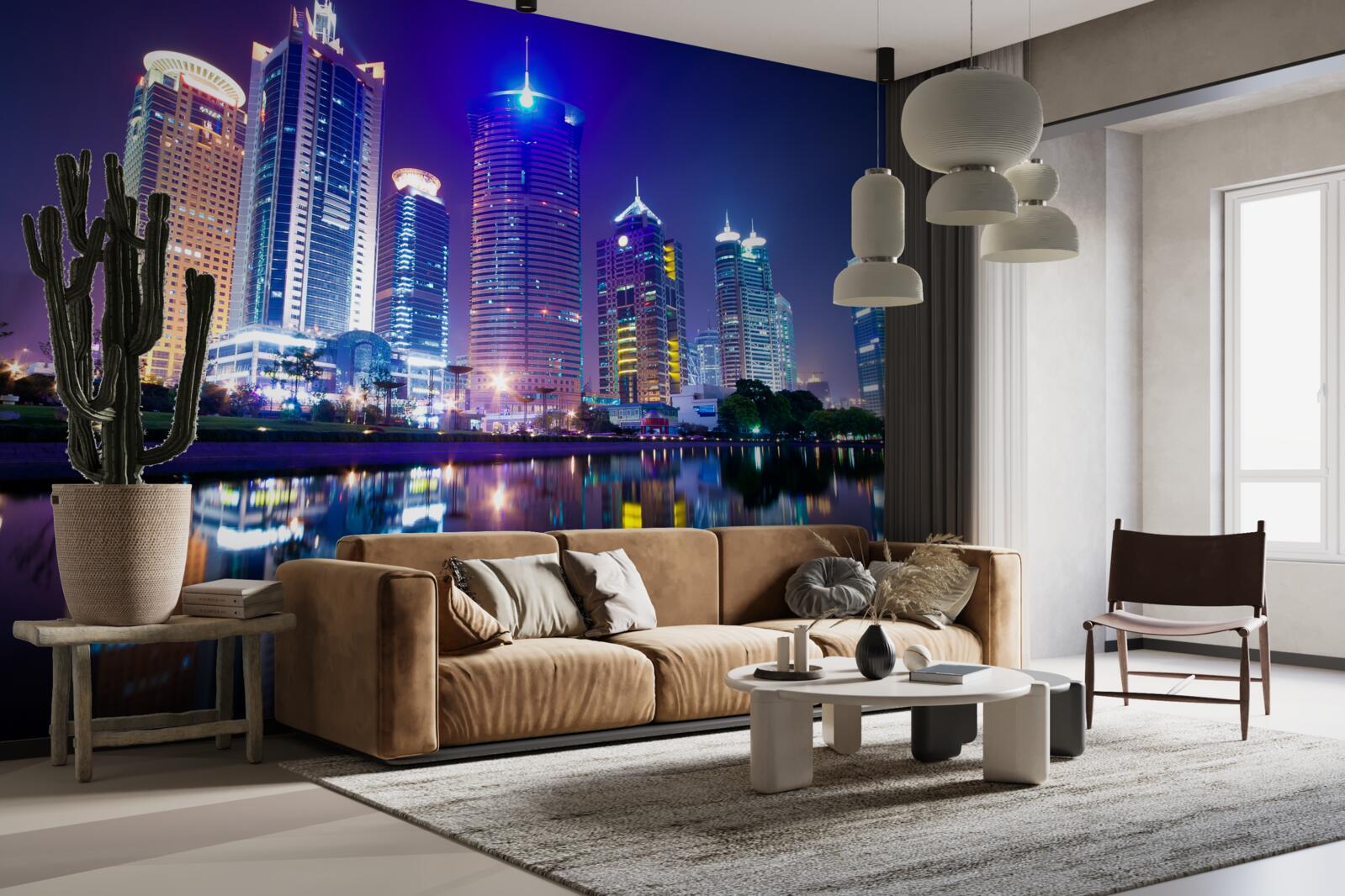 Fototapet reflecții ale zgârie-norilor noaptea