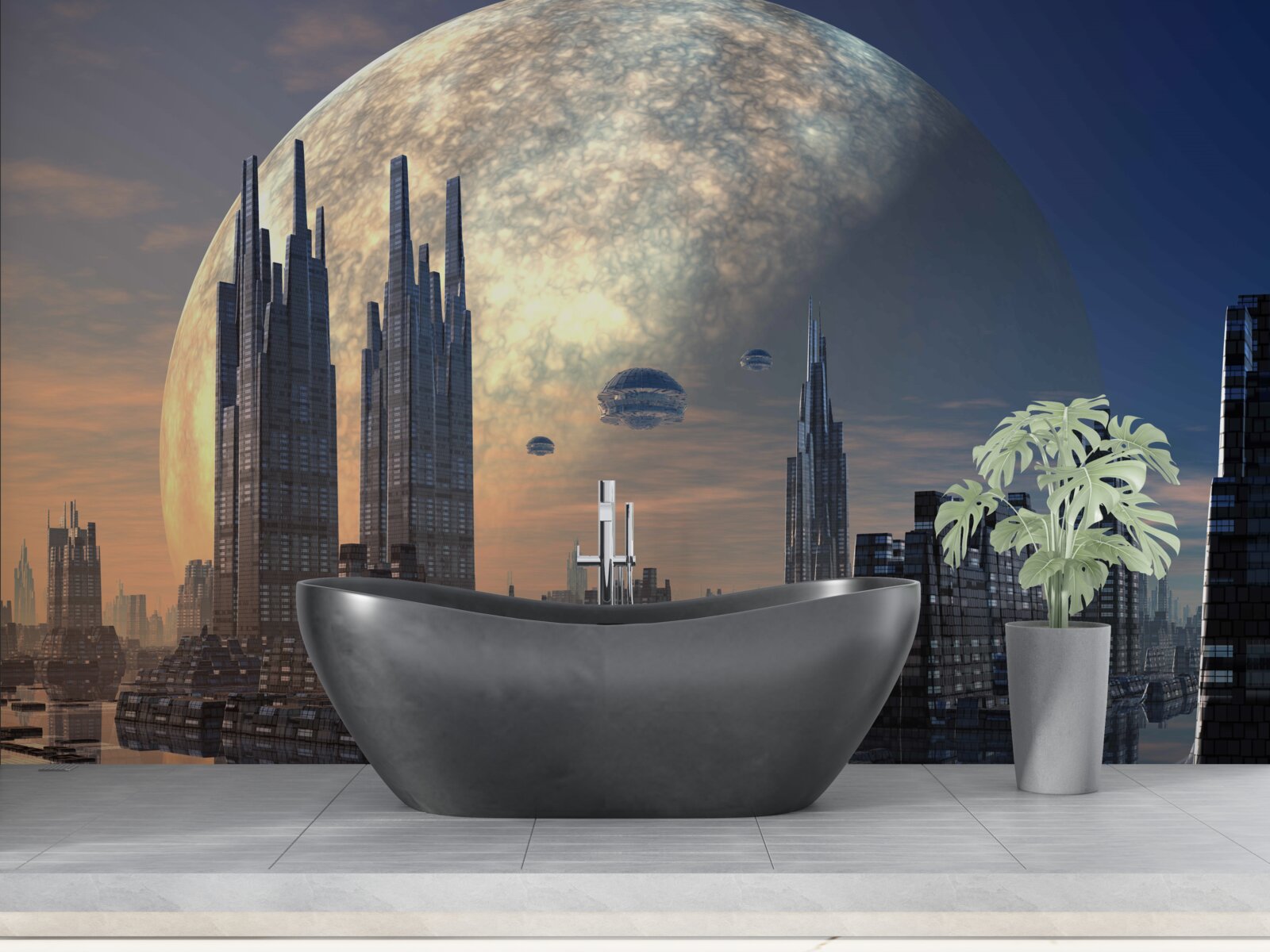 Fototapet oraș futurist în lumina lunii