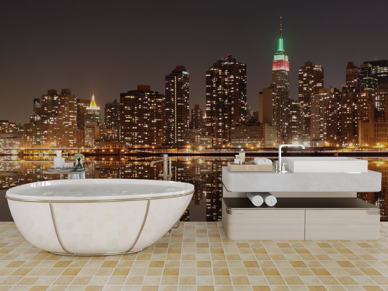 Fototapet reflexia orașului în apă este ca o oglindă