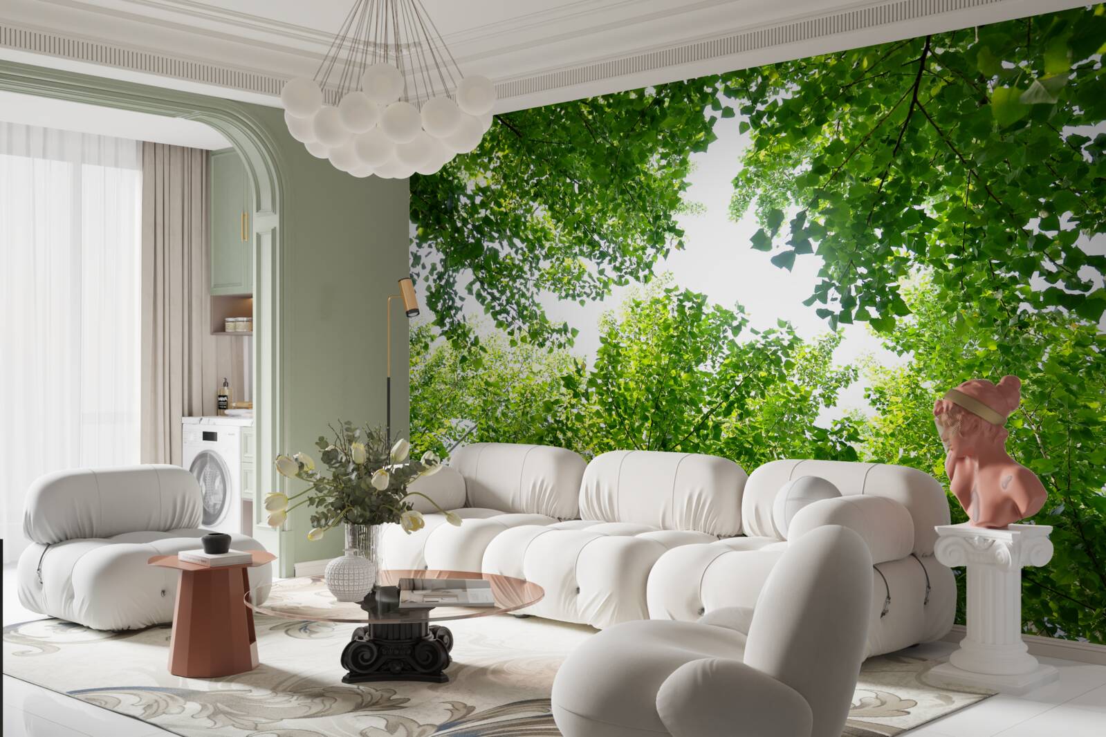 Fototapet cer alb evidențiat de frunze verzi