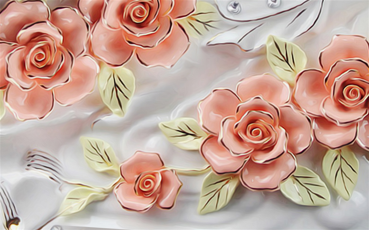 Fototapet trandafiri roz cu frunze verzi