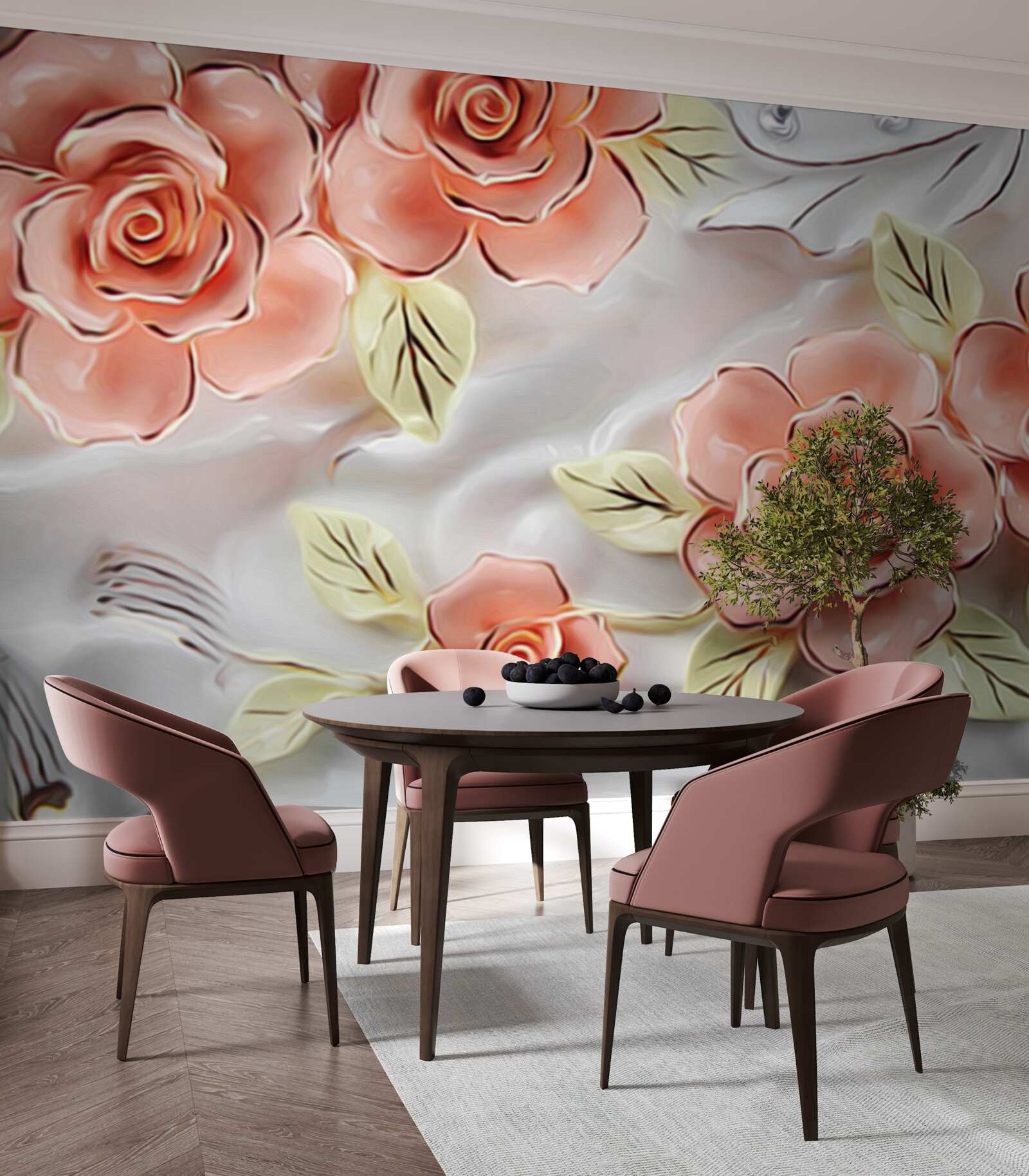 Fototapet trandafiri roz cu frunze verzi