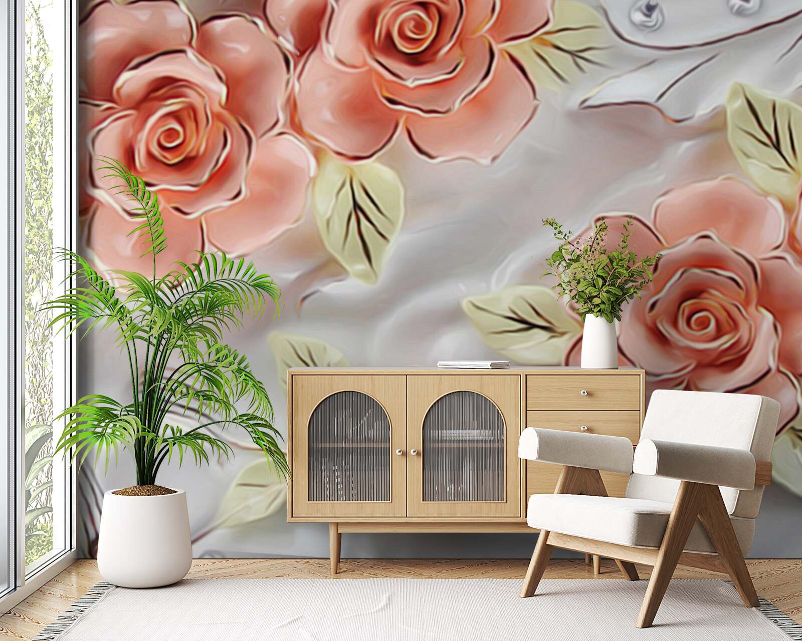 Fototapet trandafiri roz cu frunze verzi