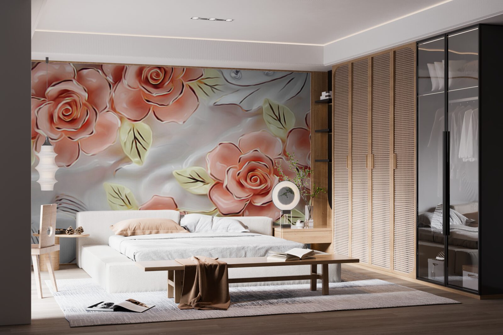 Fototapet trandafiri roz cu frunze verzi