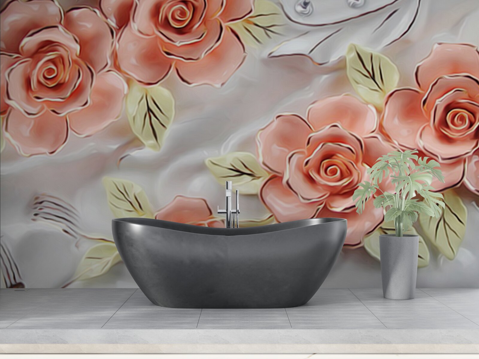 Fototapet trandafiri roz cu frunze verzi