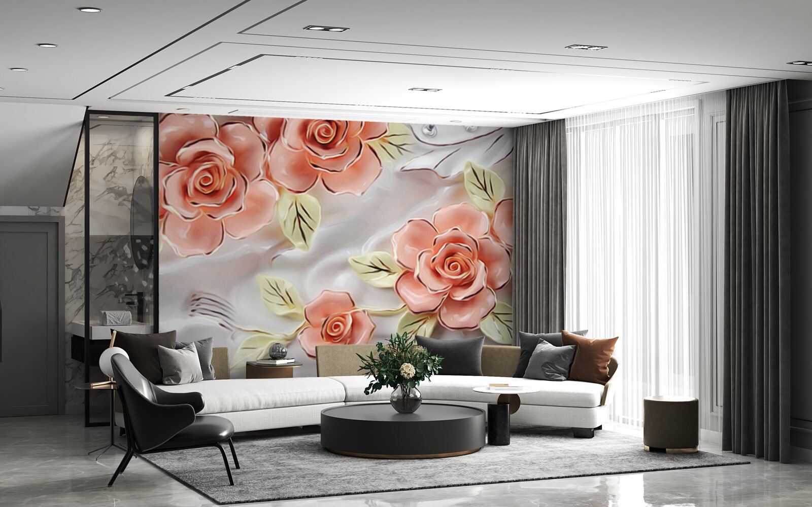 Fototapet trandafiri roz cu frunze verzi