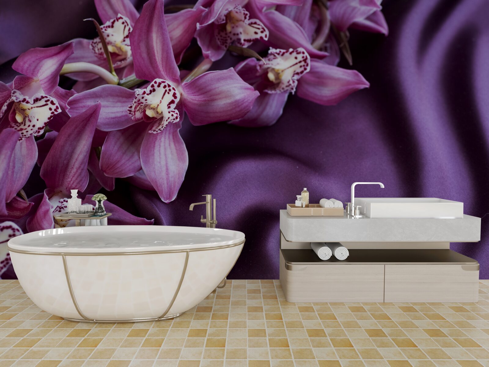 Fototapet orhidee mov pe satin în aceeași nuanță