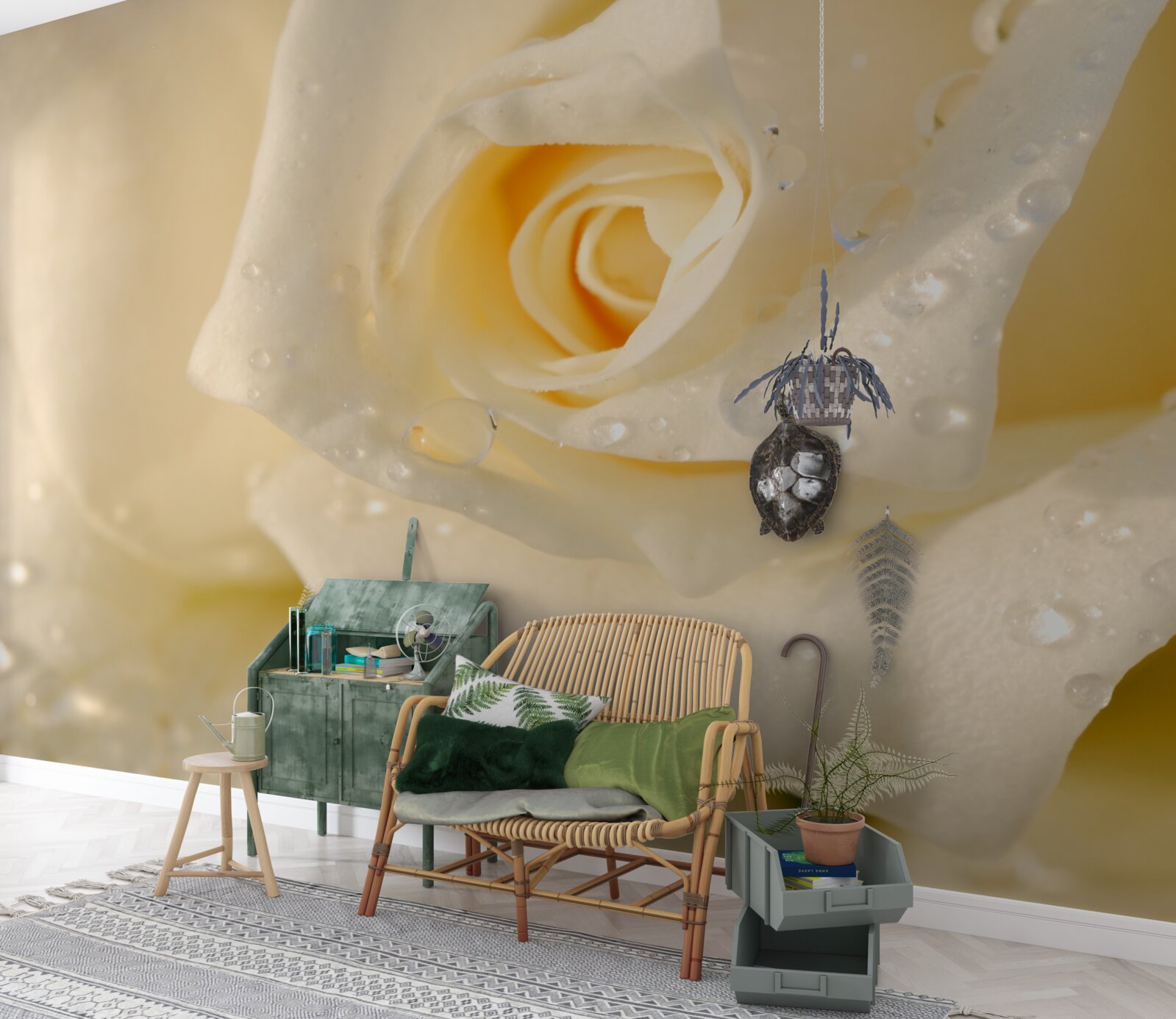 Fototapet trandafir în picături, vopsit în alb