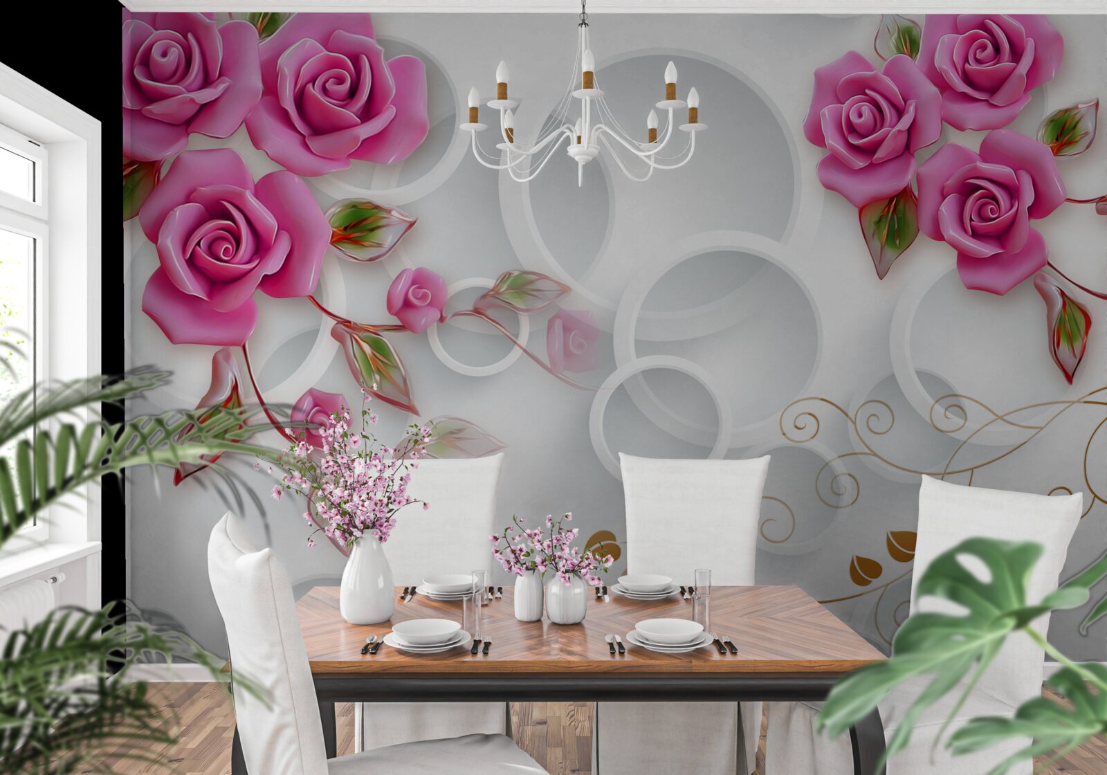 Fototapet cercuri albe și un trandafir în roz