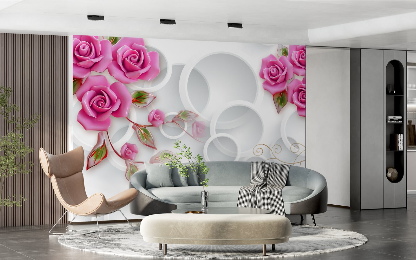 Fototapet cercuri albe și un trandafir în roz