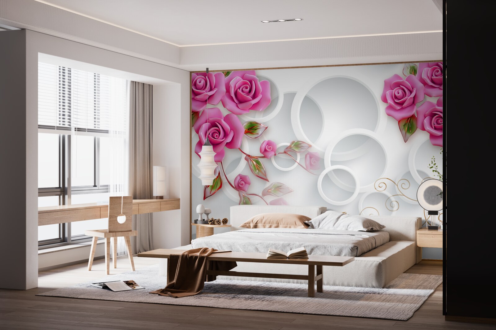 Fototapet cercuri albe și un trandafir în roz