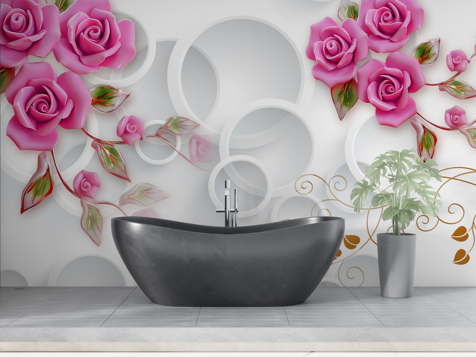 Fototapet cercuri albe și un trandafir în roz