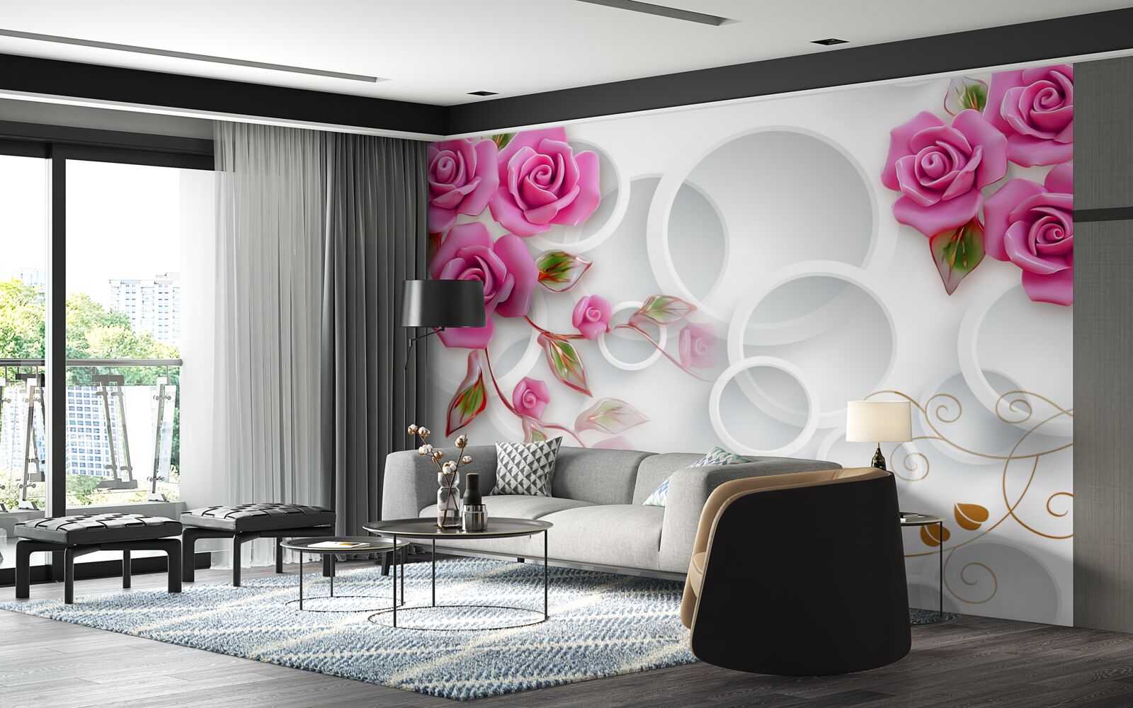 Fototapet cercuri albe și un trandafir în roz