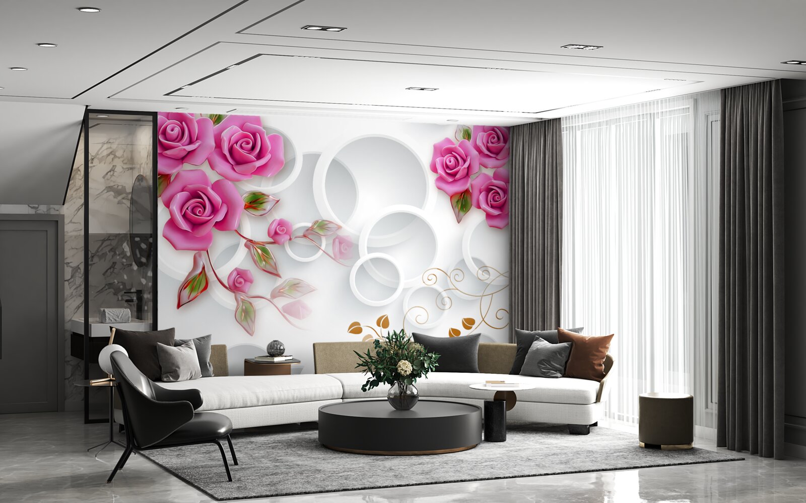 Fototapet cercuri albe și un trandafir în roz