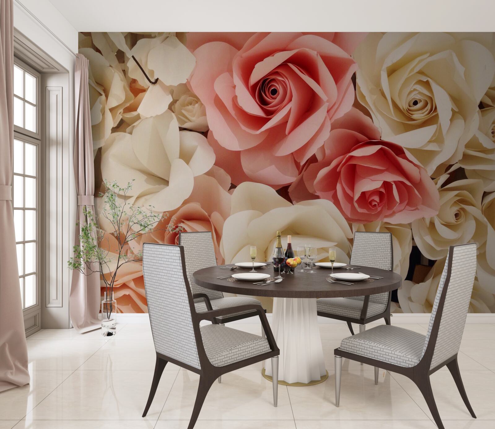 Fototapet un buchet frumos de trandafiri în nuanțe de crem și roz