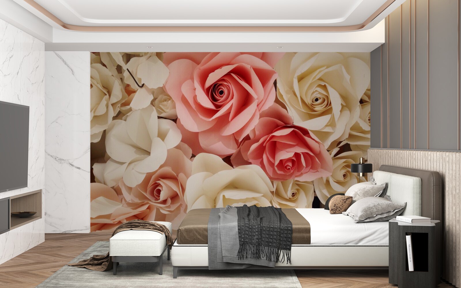 Fototapet un buchet frumos de trandafiri în nuanțe de crem și roz