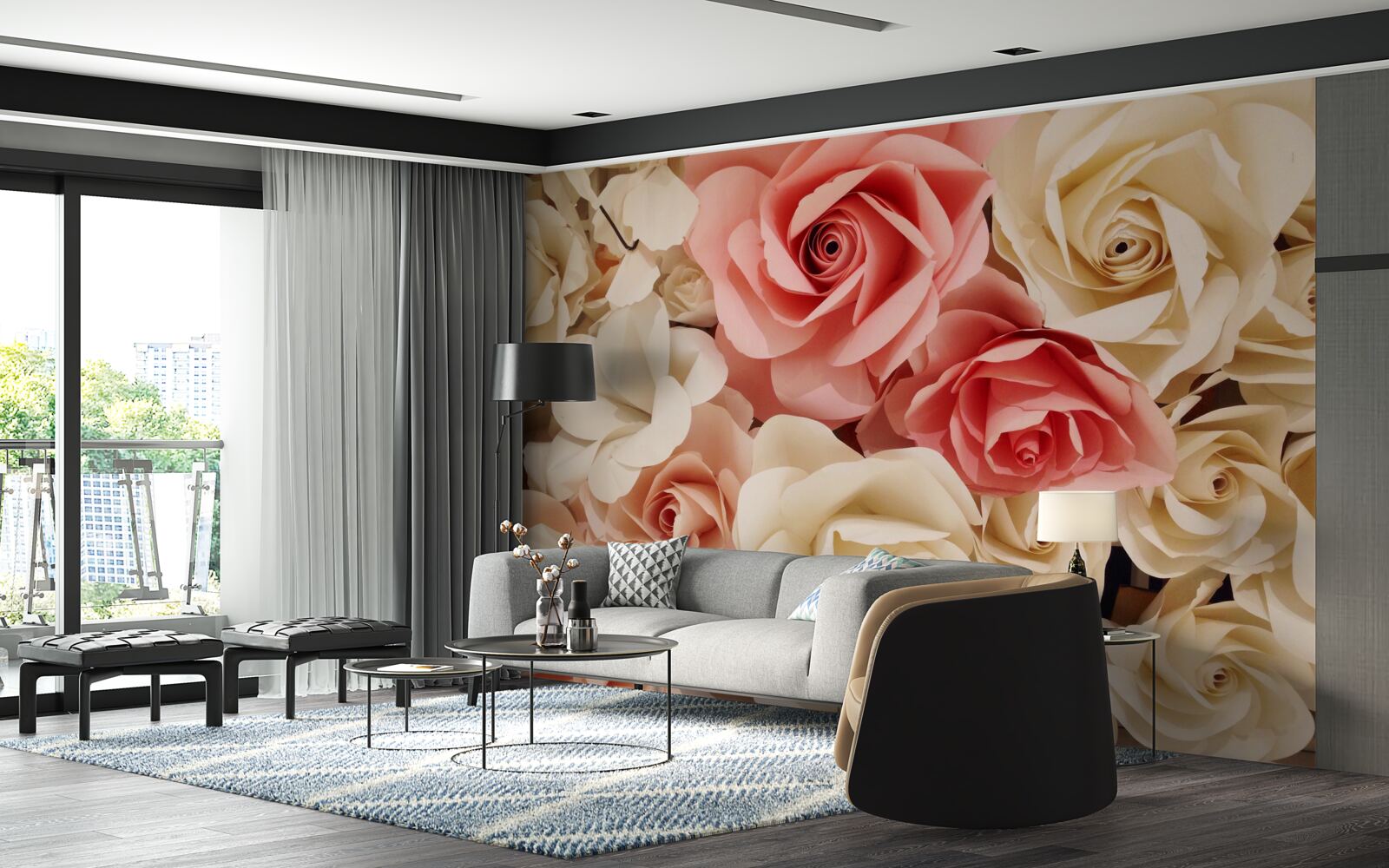 Fototapet un buchet frumos de trandafiri în nuanțe de crem și roz