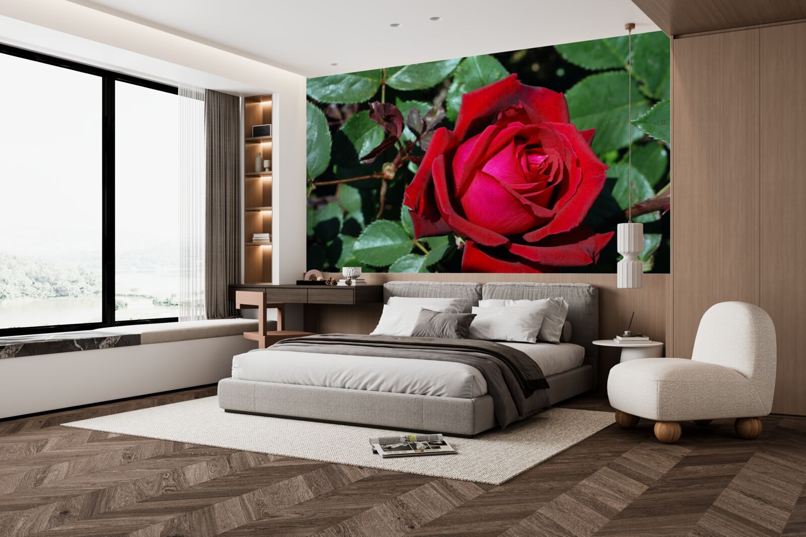 Fototapet un trandafir stacojiu a înflorit în grădină