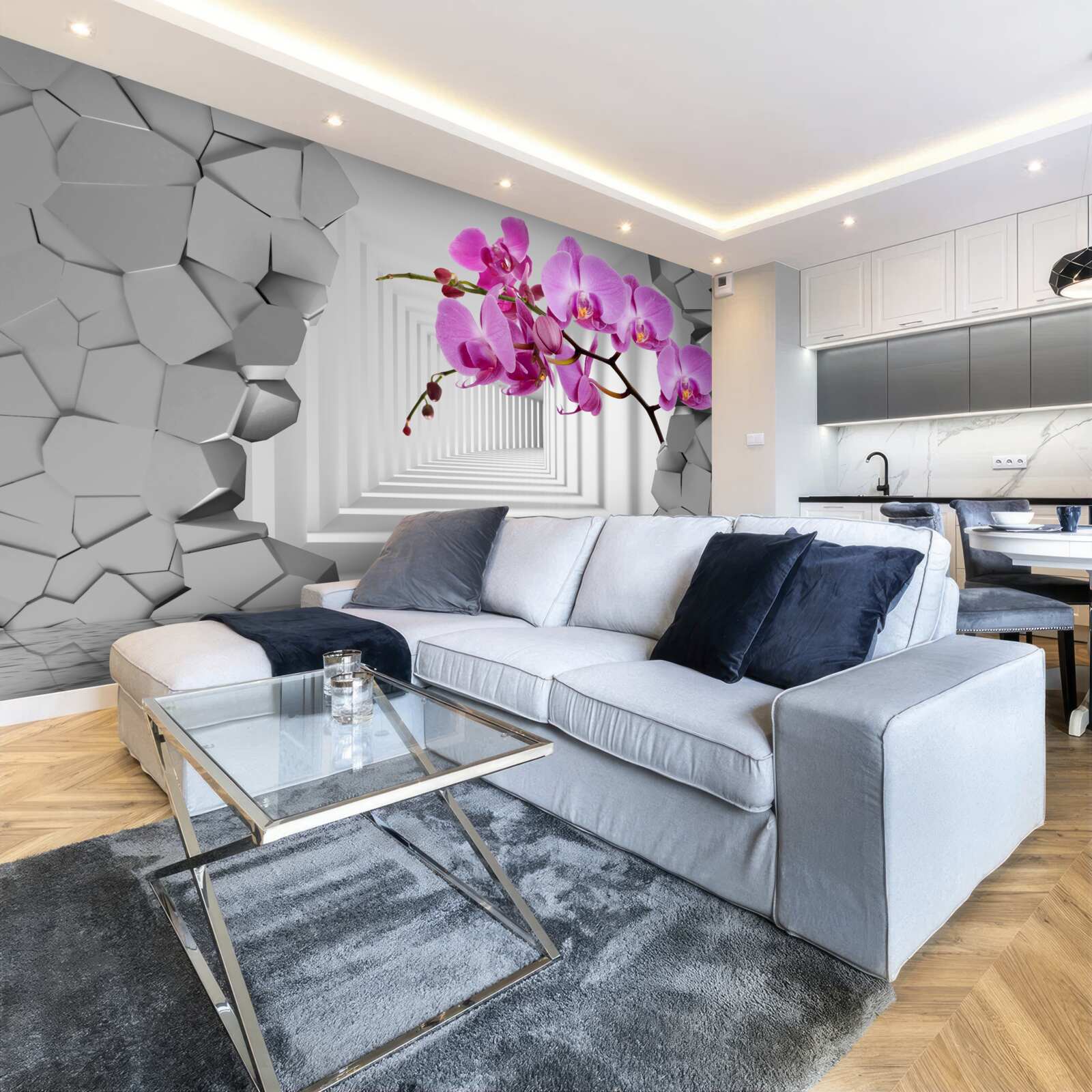 Fototapet orhideea pătrunde în perete cu ramura sa