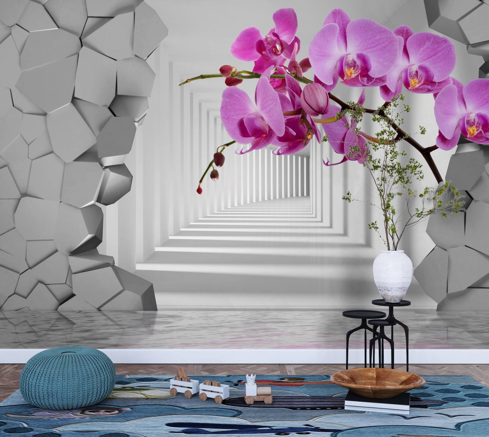 Fototapet orhideea pătrunde în perete cu ramura sa