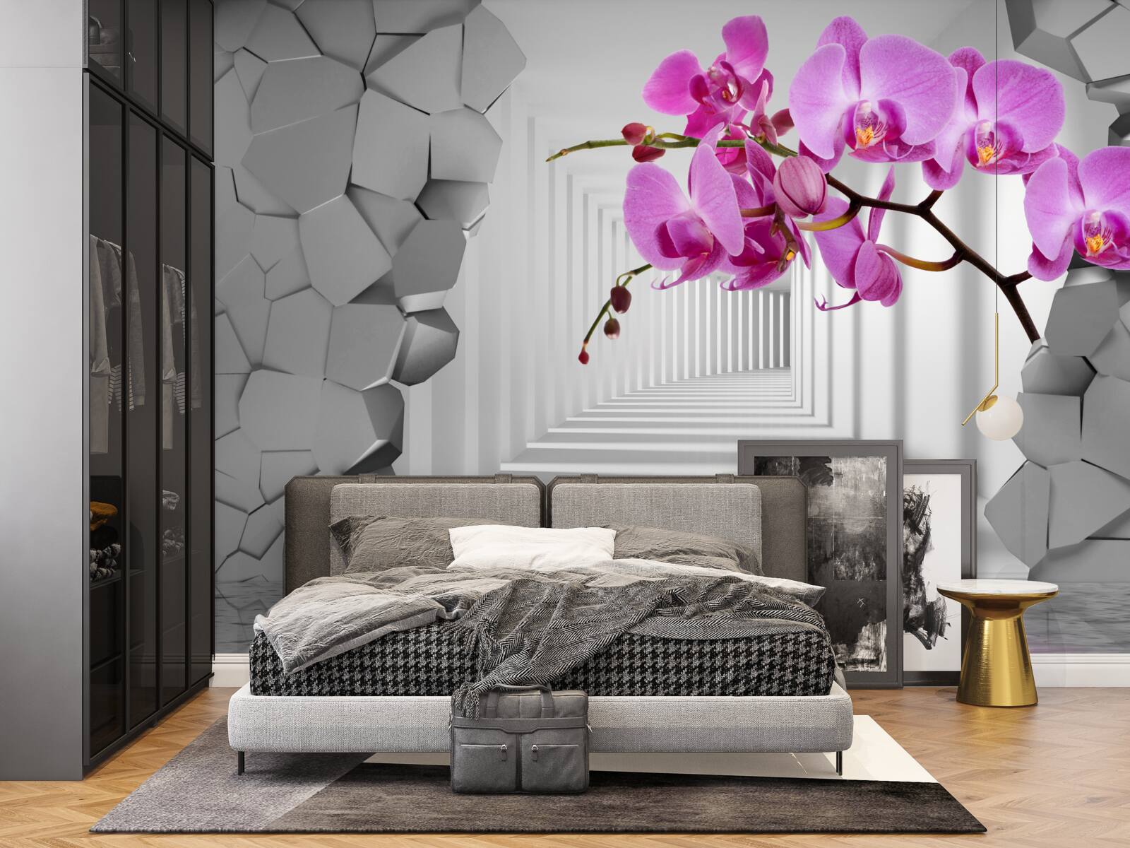 Fototapet orhideea pătrunde în perete cu ramura sa
