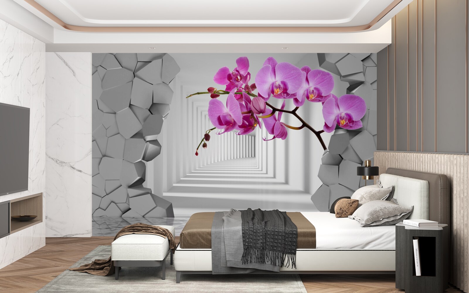Fototapet orhideea pătrunde în perete cu ramura sa