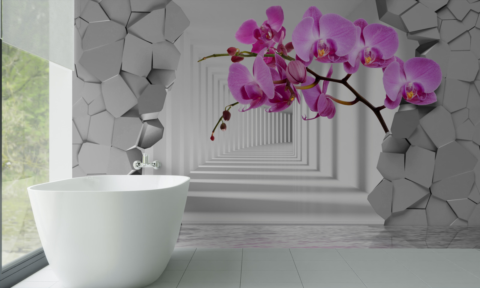 Fototapet orhideea pătrunde în perete cu ramura sa