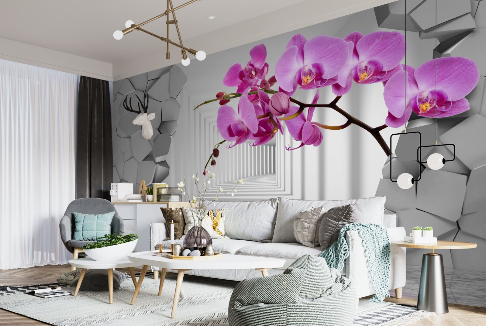 Fototapet orhideea pătrunde în perete cu ramura sa