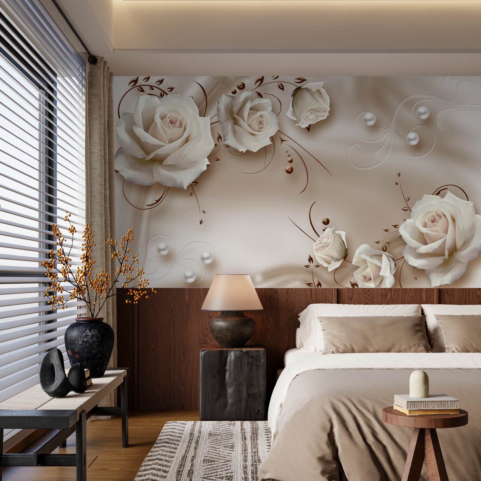 Fototapet mărgele și trandafiri albi