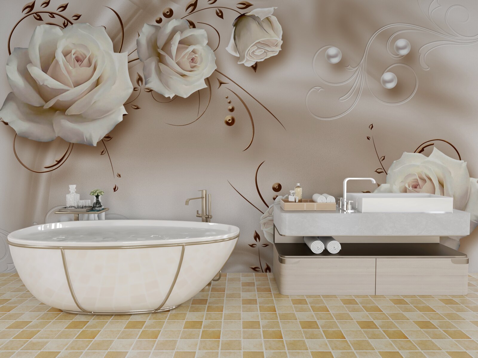 Fototapet mărgele și trandafiri albi