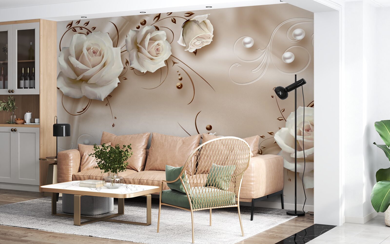 Fototapet mărgele și trandafiri albi