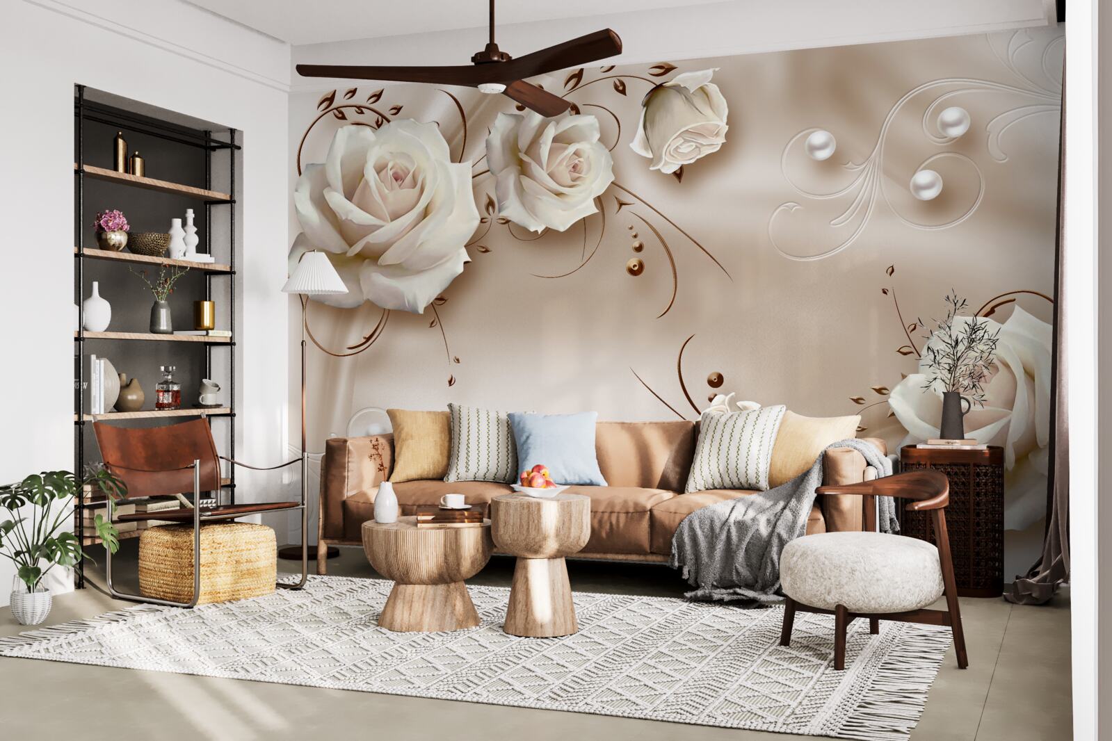 Fototapet mărgele și trandafiri albi