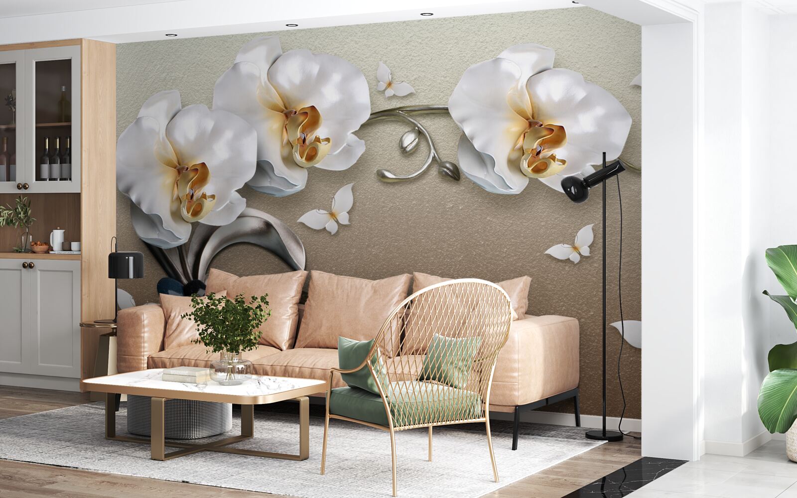 Fototapet pietre, flori albe ca zăpada și fluturi