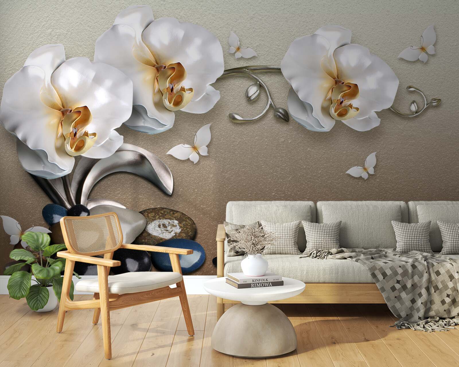 Fototapet pietre, flori albe ca zăpada și fluturi