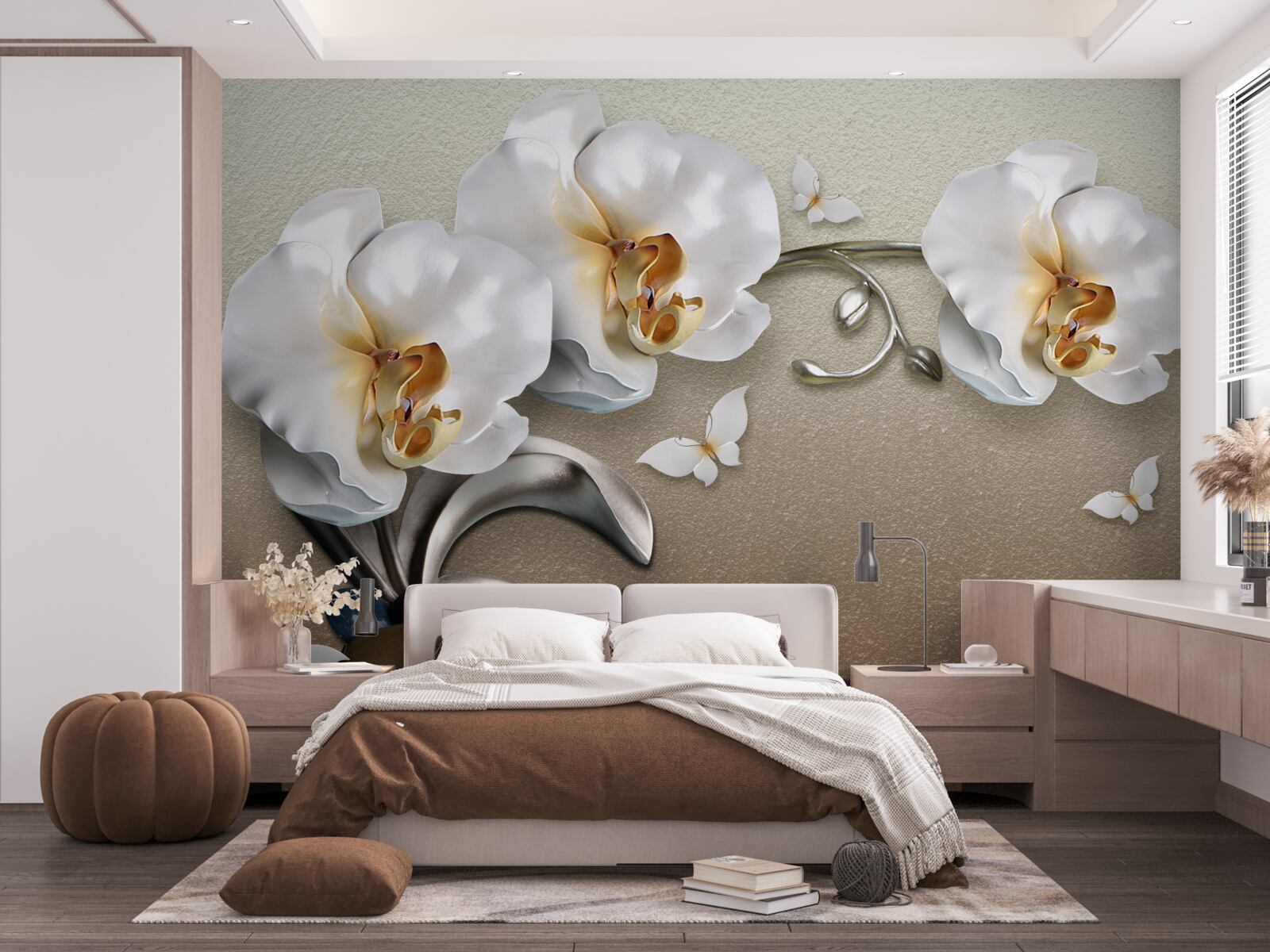 Fototapet pietre, flori albe ca zăpada și fluturi