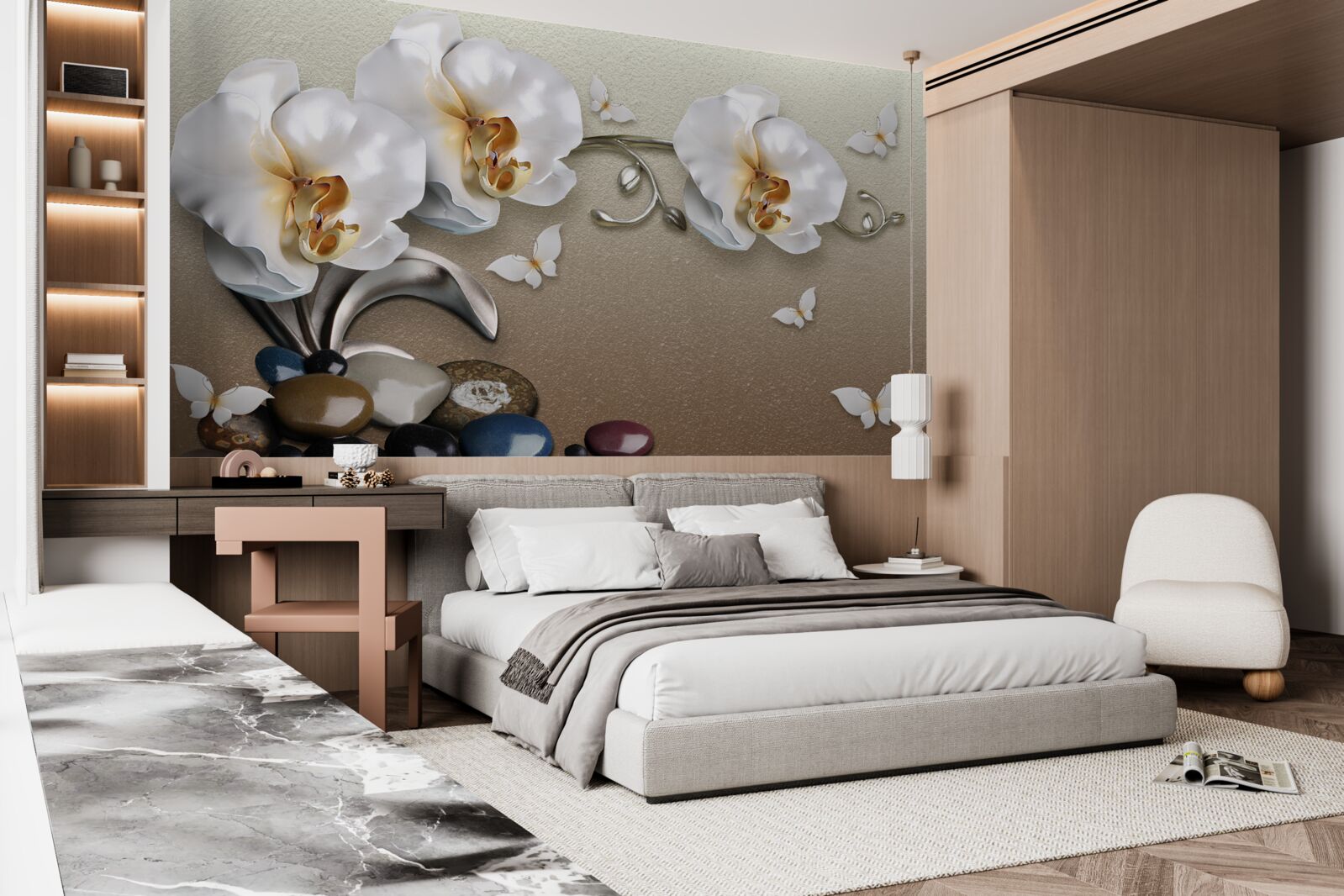 Fototapet pietre, flori albe ca zăpada și fluturi