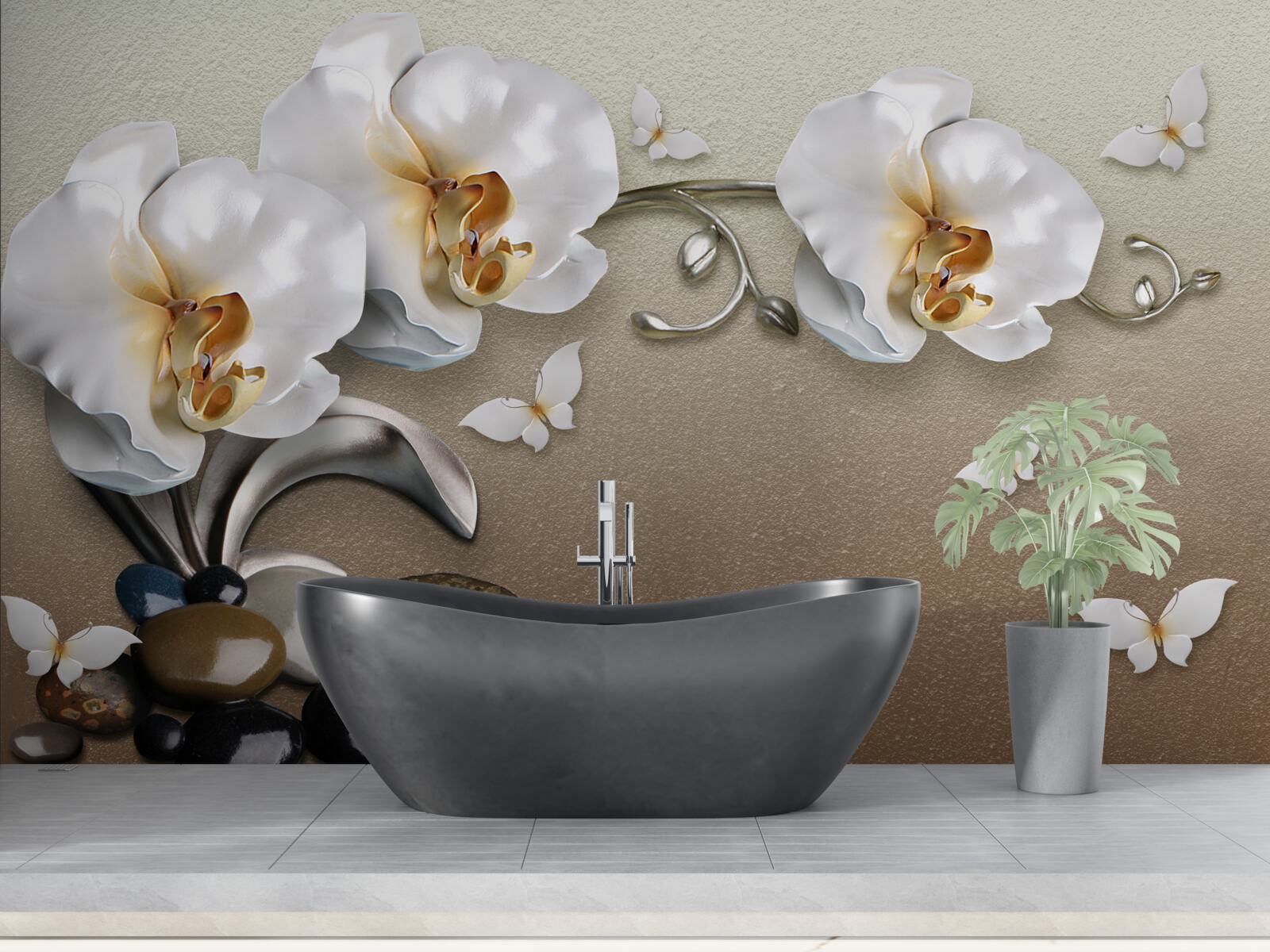 Fototapet pietre, flori albe ca zăpada și fluturi