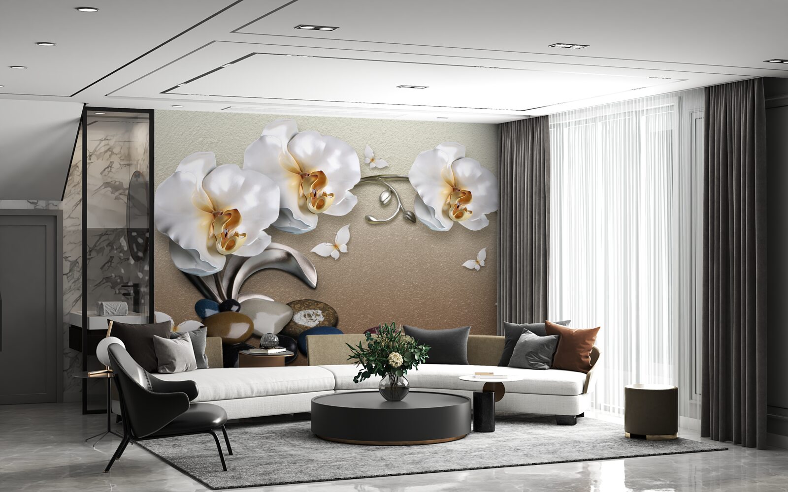 Fototapet pietre, flori albe ca zăpada și fluturi