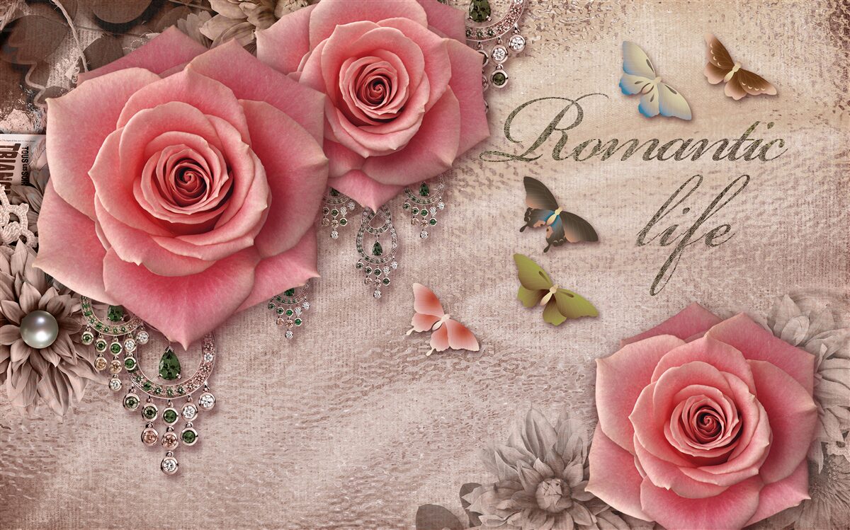 Fototapet insecte zburătoare în miniatură și flori mari roz aprins