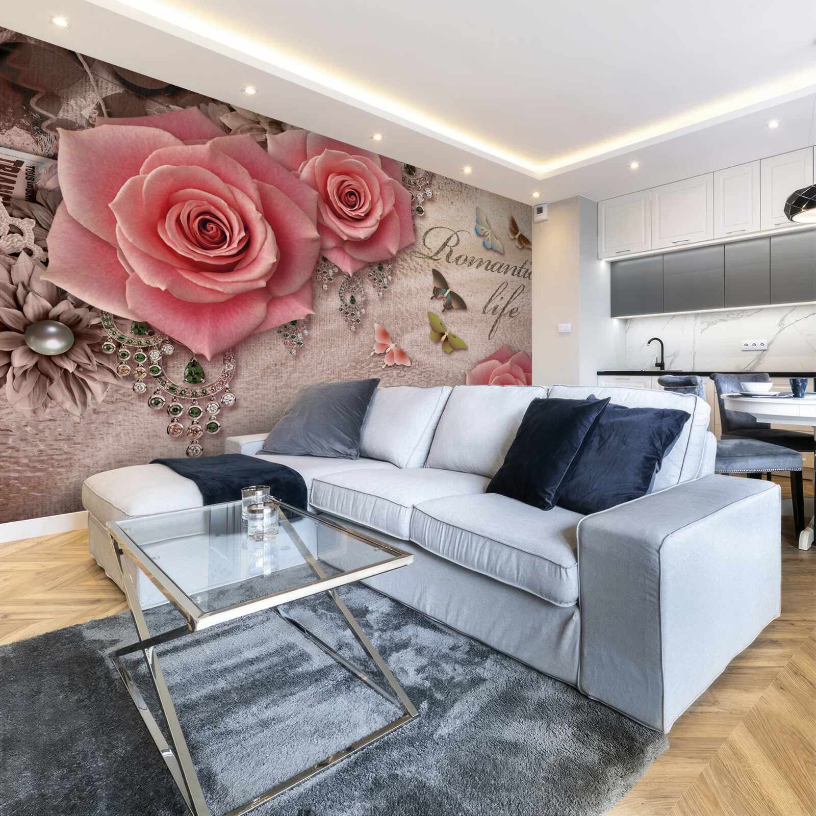 Fototapet insecte zburătoare în miniatură și flori mari roz aprins