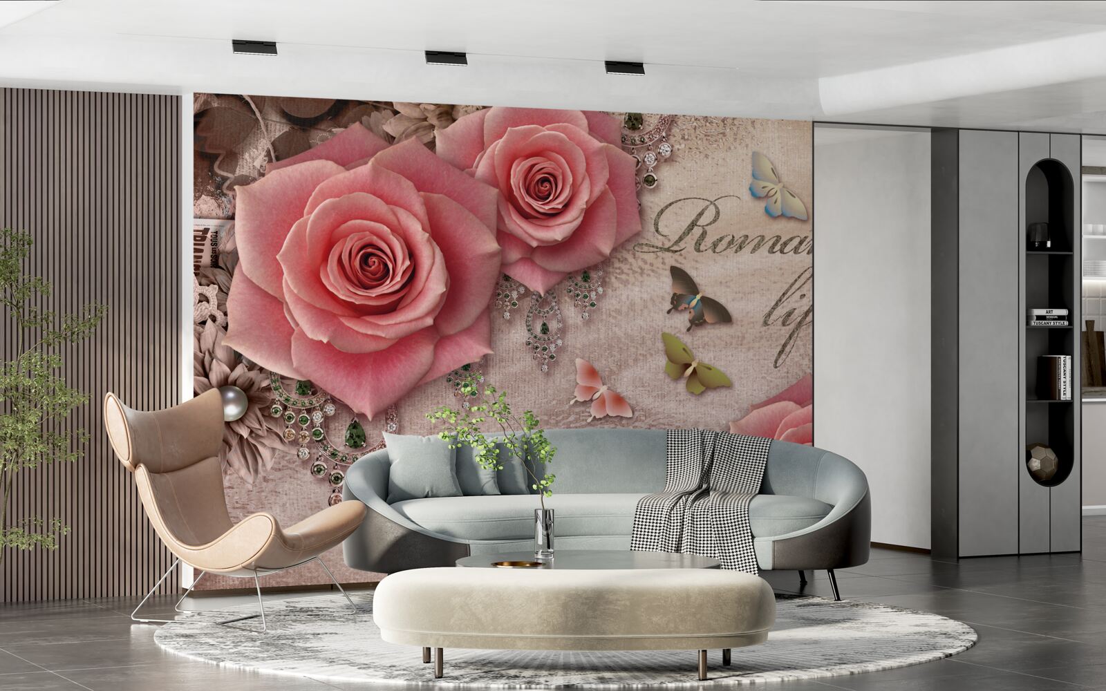 Fototapet insecte zburătoare în miniatură și flori mari roz aprins