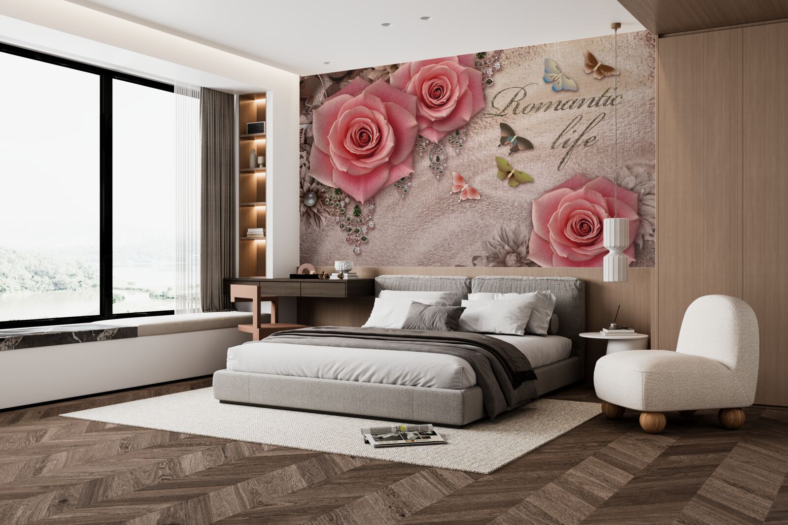 Fototapet insecte zburătoare în miniatură și flori mari roz aprins