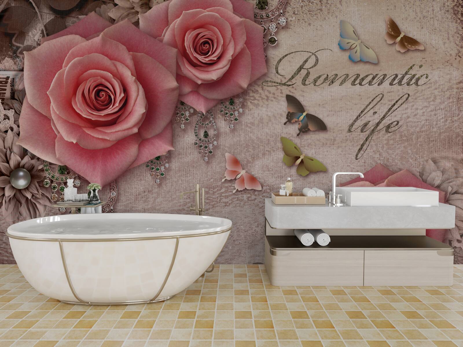 Fototapet insecte zburătoare în miniatură și flori mari roz aprins