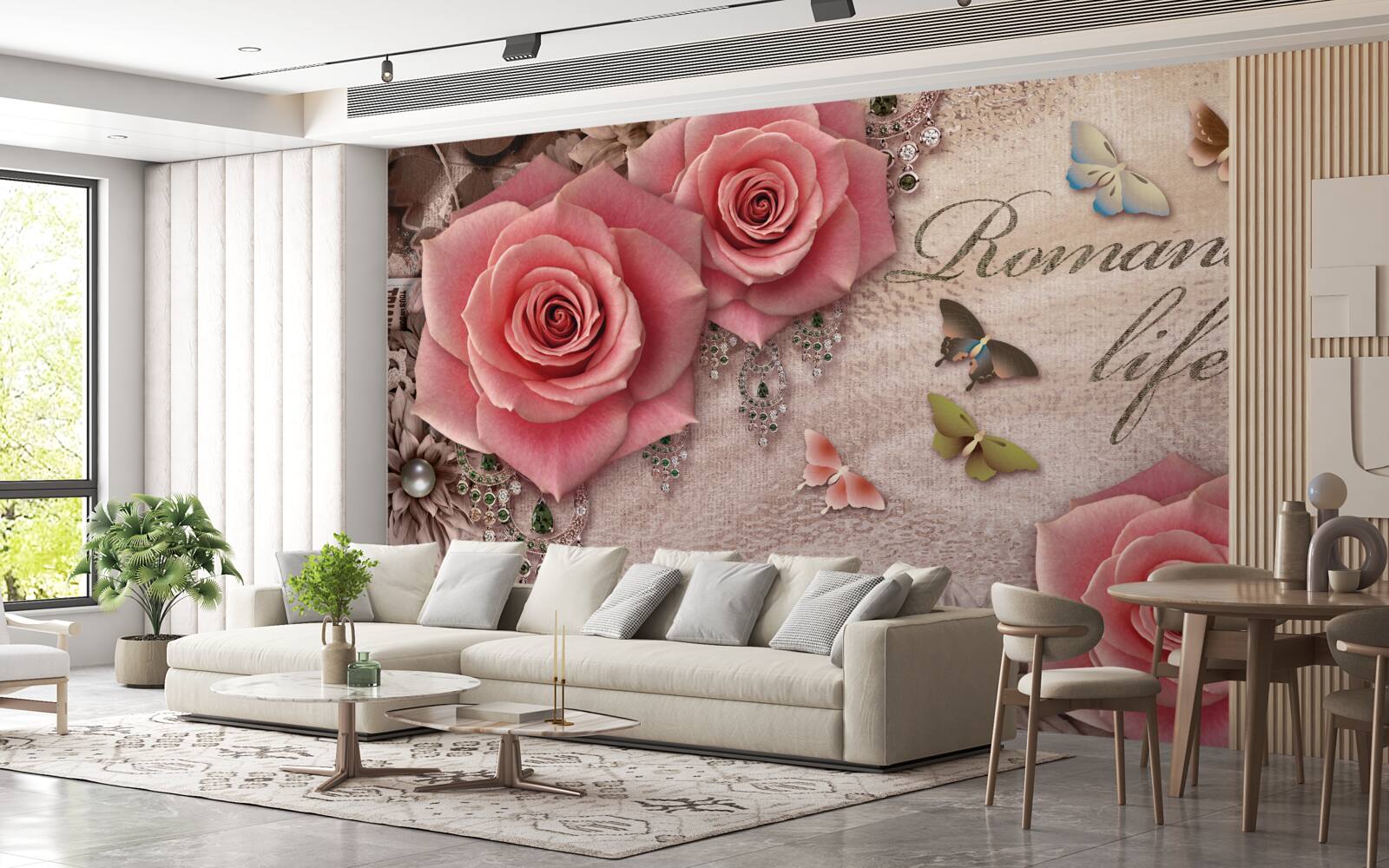 Fototapet insecte zburătoare în miniatură și flori mari roz aprins