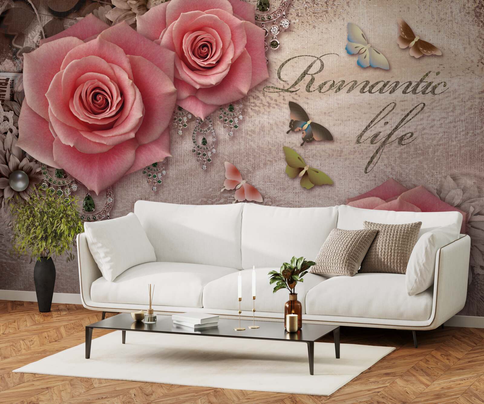 Fototapet insecte zburătoare în miniatură și flori mari roz aprins